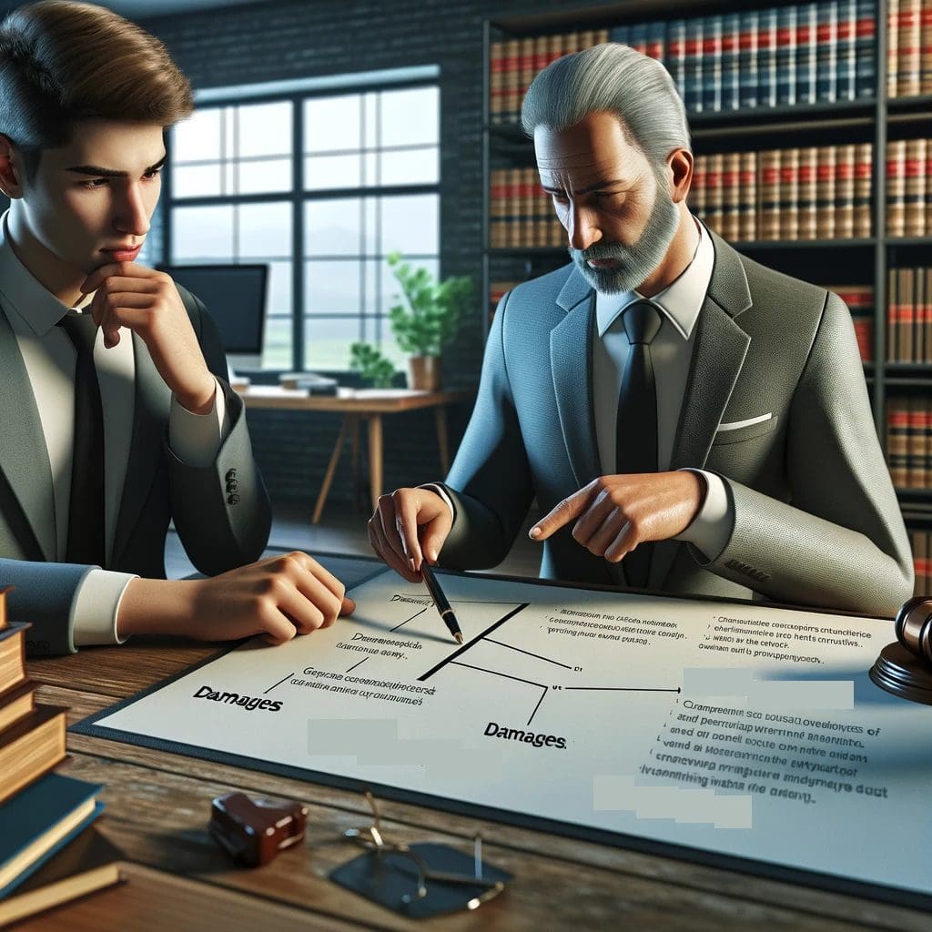 Expert Lawyer Explaining Types of Damages to Client in Law Office