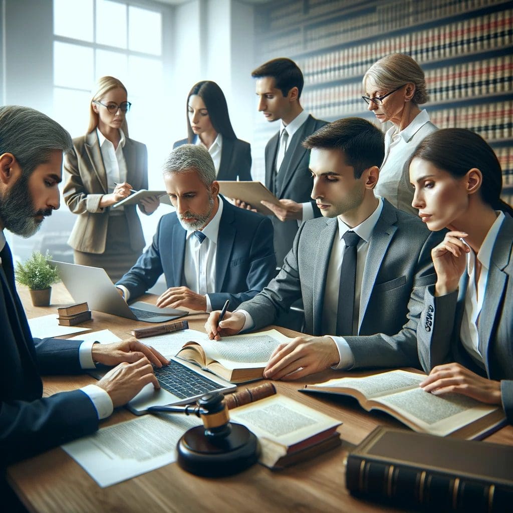 Professionals Engaged in Expert Legal Analysis in a Dynamic Office Setting