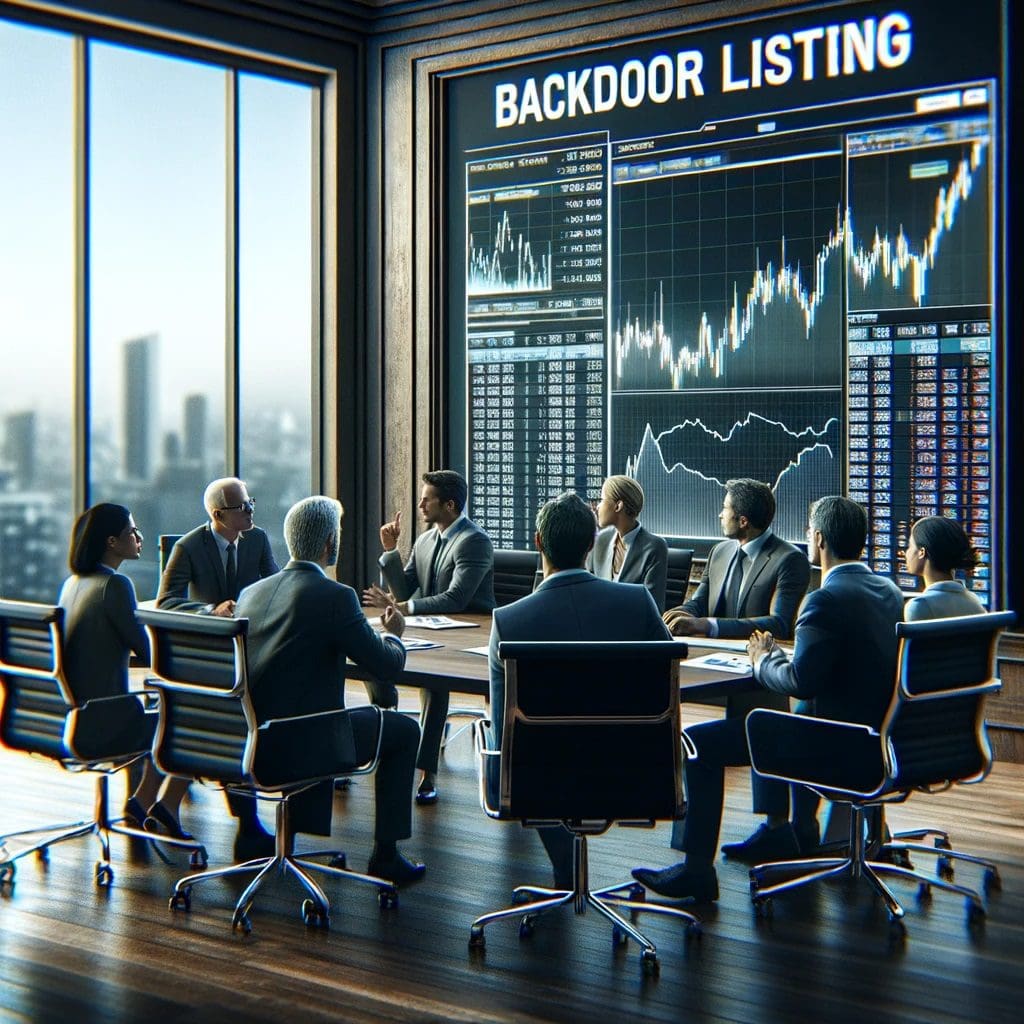 Corporate Team Strategizing Backdoor Listing in Modern Office Setting